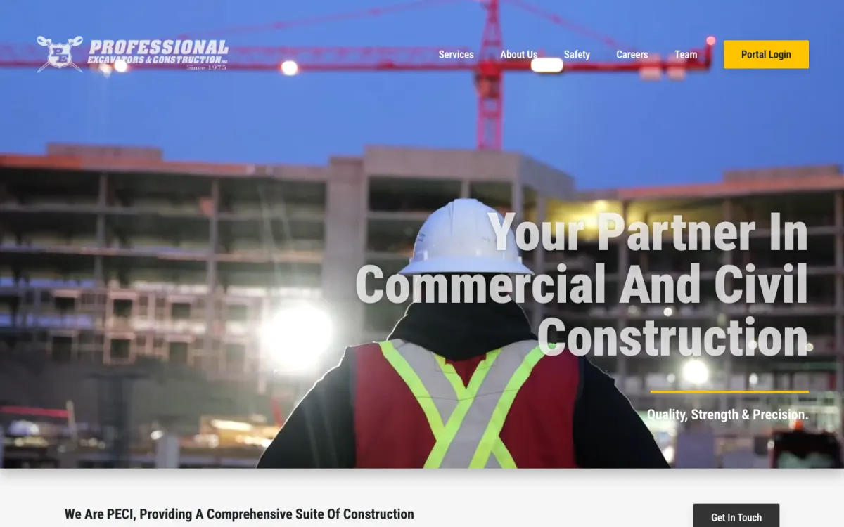 Homepage of the Professional Excavators & Construction website